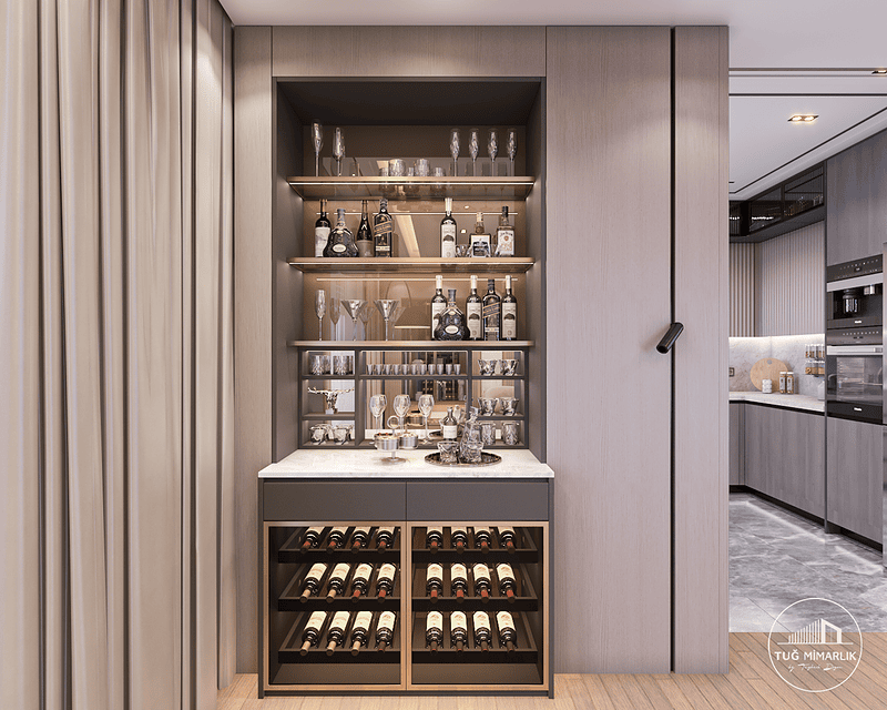 Bağdat Caddesi salon tasarımında bar dolabı detay çekimi.