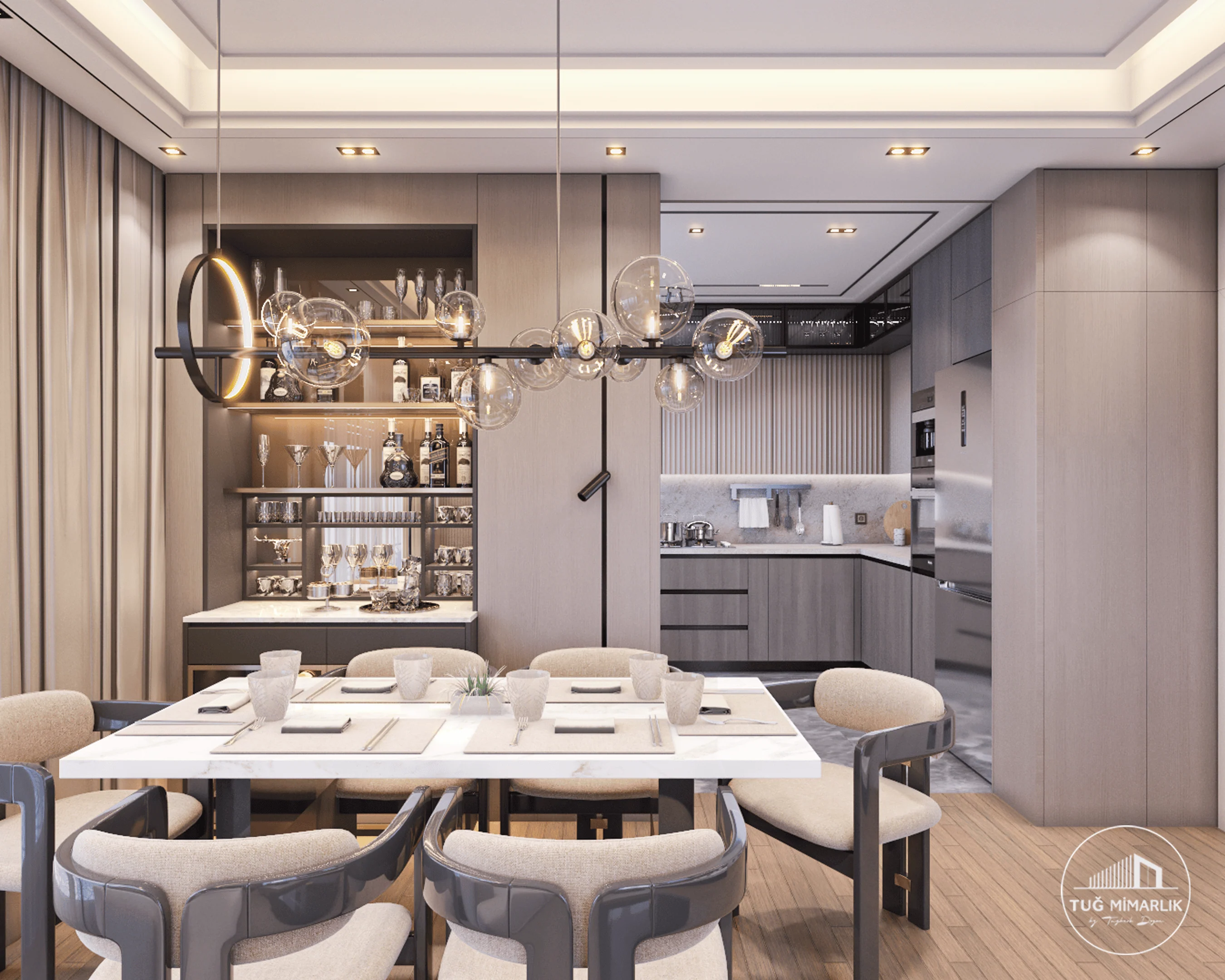 Bağdat Caddesi salon tasarımında modern bar dolabı ve mutfak.
