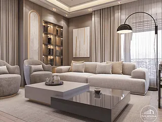 Bağdat Caddesi salon tasarımında süet koltuk, orta sehpa ve cam vitrin detayları.