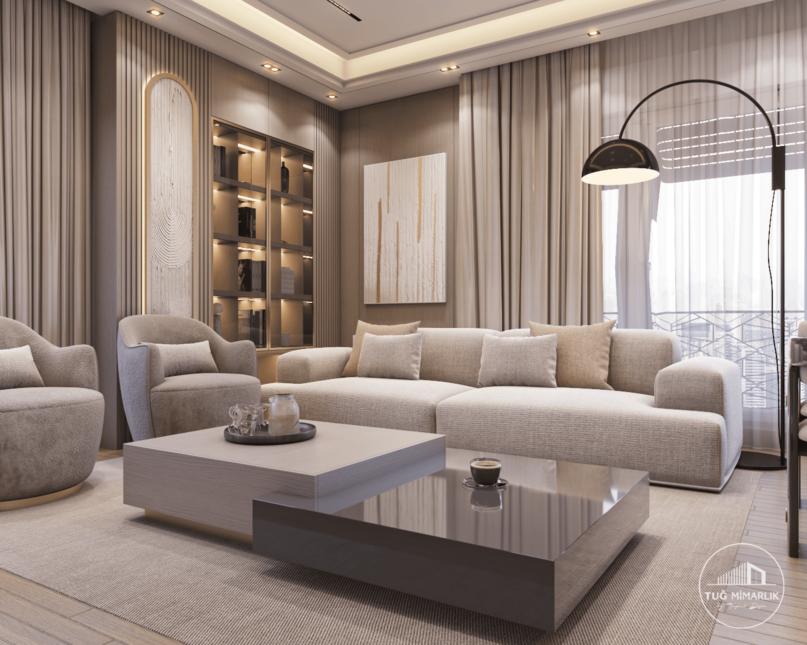 Bağdat Caddesi salon tasarımında süet koltuk, orta sehpa ve cam vitrin detayları.
