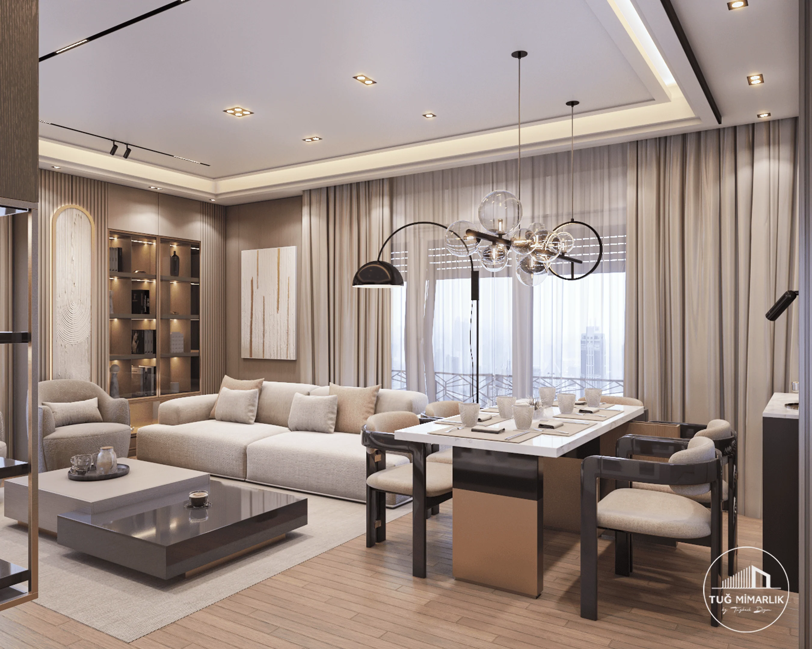 Bağdat Caddesi modern salon tasarımında yemek masası ve camlı vitrin.