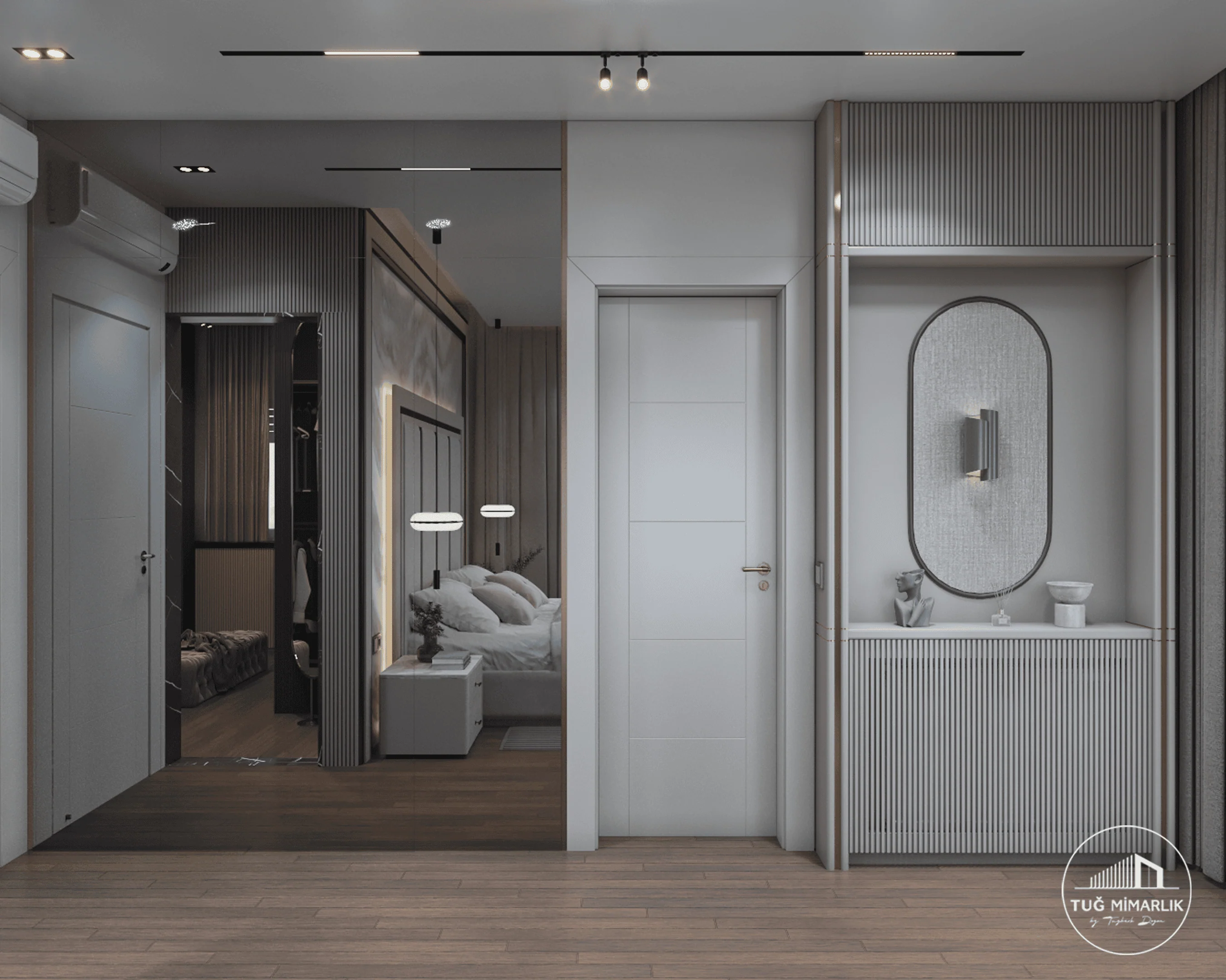 Bağdat Caddesi yatak odası, banyo kapısı ve duvar detayları