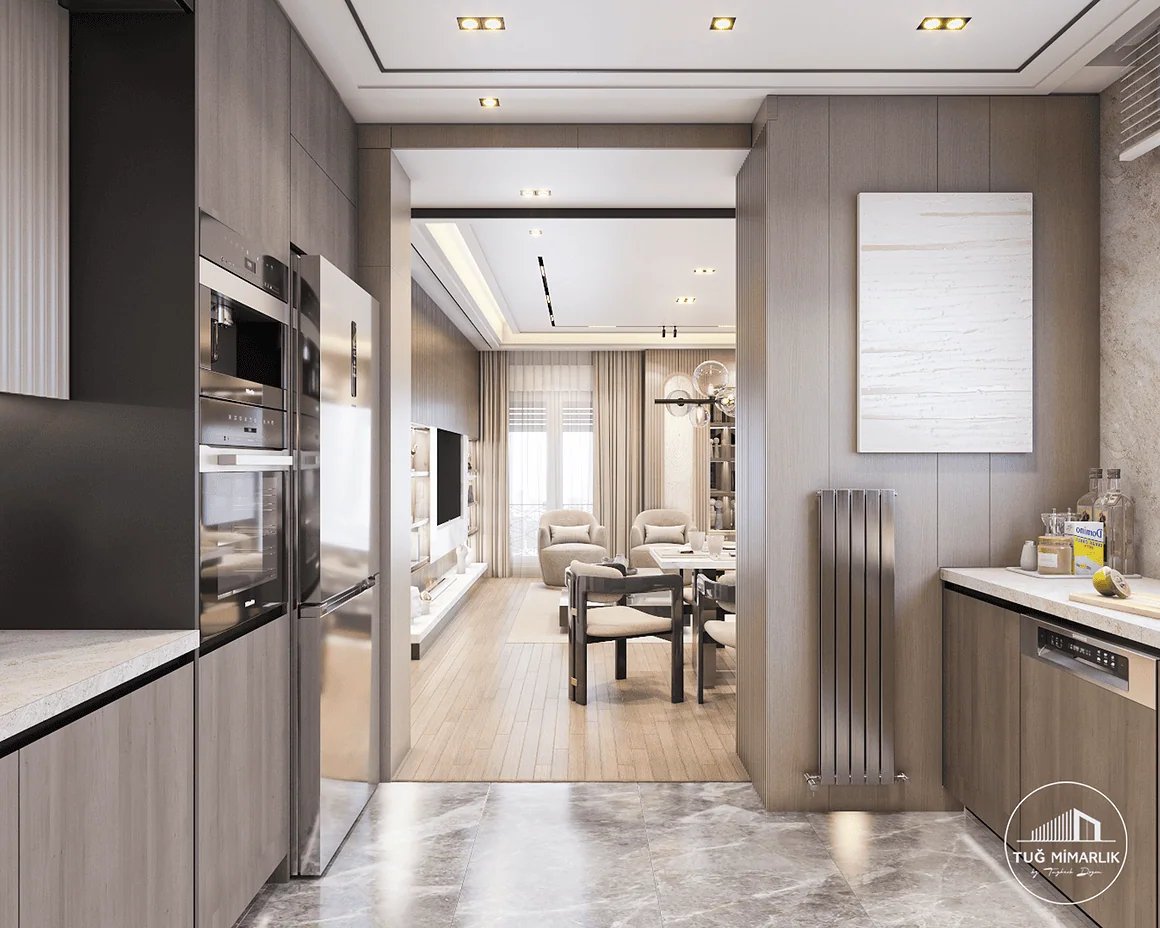 Salon ve mutfak bütünleşmesi - modern iç mimarlık tasarımı Bağdat Caddesi