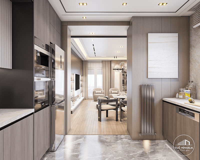 Salon ve mutfak bütünleşmesi - modern iç mimarlık tasarımı Bağdat Caddesi