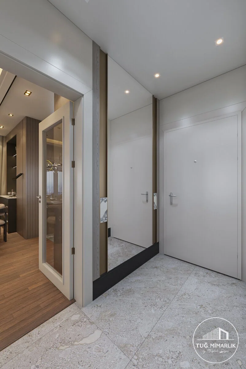 Ayna panolu dekor - tuğ mimarlık Ayna panolu modern antre dekorasyonu – Tuğ Mimarlık