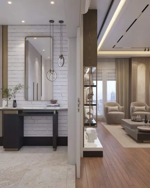 Salon geçişli antre - tuğ mimarlık Salon geçişli modern antre ve taş duvar – Tuğ Mimarlık