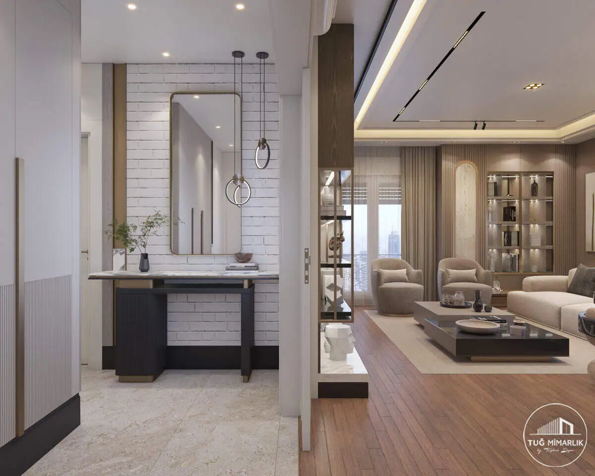 Salon geçişli modern antre ve taş duvar – Tuğ Mimarlık