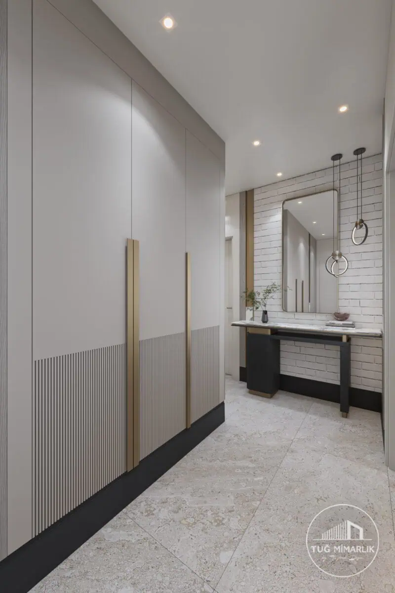 Evin genel tarzıyla uyumlu antre ve koridor tasarımı, sade ve zarif geçiş alanı – Tuğ Mimarlık