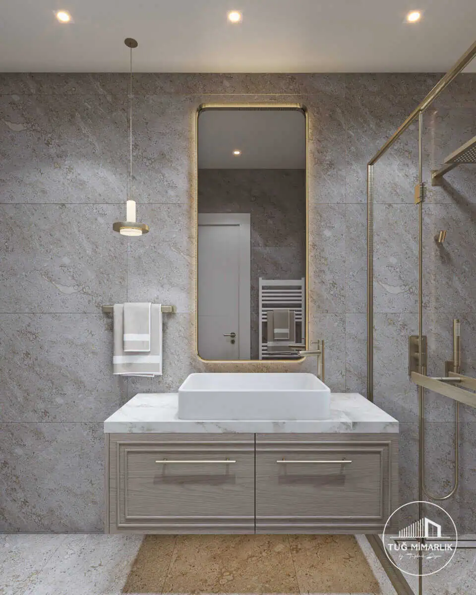 Bağdat Caddesi genel banyo mermer tezgahlı lavabo önden görünüm – Tuğ Mimarlık