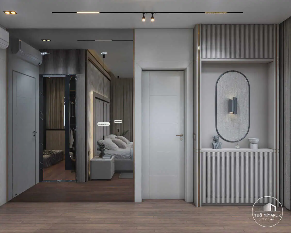 Banyo kapısı ve duvar paneli - tuğ mimarlık Bağdat Caddesi yatak odası banyo kapısı ve dekoratif duvar paneli – Tuğ Mimarlık