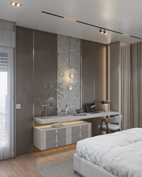 Yatak odası Çalışma masası - tuğ mimarlık Bağdat Caddesi yatak odası çalışma masası ve duvar dekorasyonu – Tuğ Mimarlık