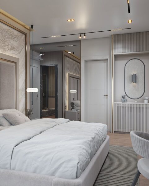 Yatak odası geniş açılı genel görünüm - tuğ mimarlık Bağdat Caddesi yatak odası genel görünüm ve modern tasarım – Tuğ Mimarlık