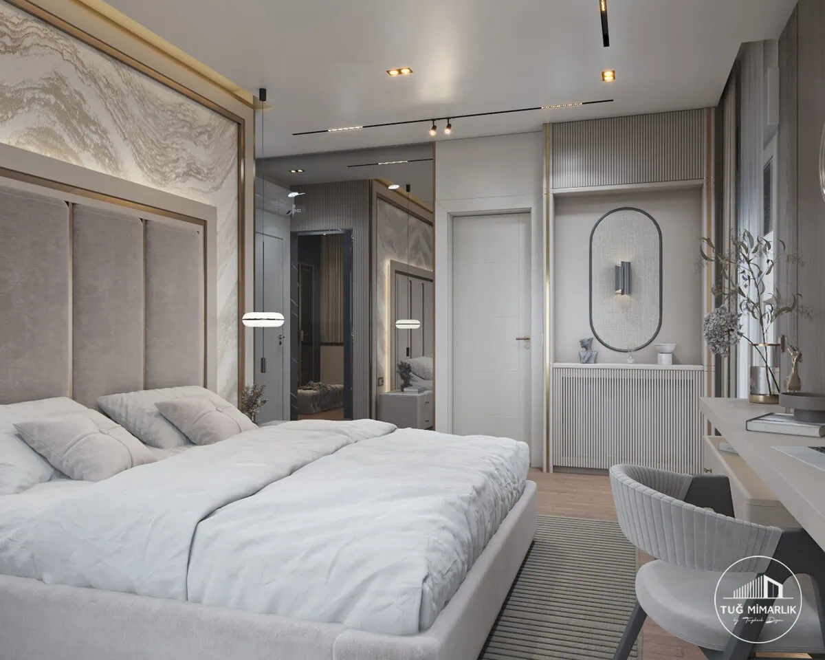 Yatak odası geniş açılı genel görünüm - tuğ mimarlık Bağdat Caddesi yatak odası genel görünüm ve modern tasarım – Tuğ Mimarlık
