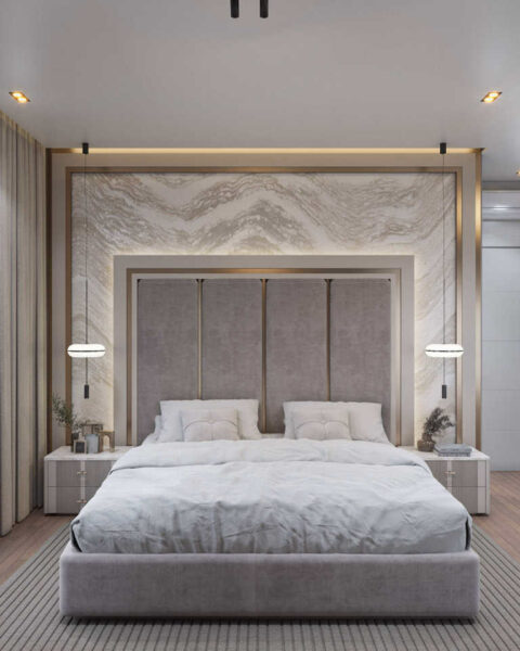 Yatak başı ve mermer desen duvar - tuğ mimarlık Bağdat Caddesi yatak odası yatak başı ve mermer desen duvar – Tuğ Mimarlık
