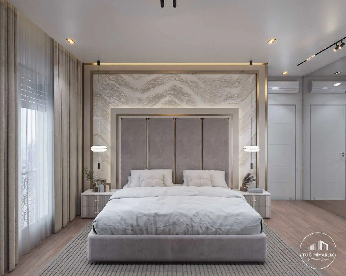 Yatak başı ve mermer desen duvar - tuğ mimarlık Bağdat Caddesi yatak odası yatak başı ve mermer desen duvar – Tuğ Mimarlık