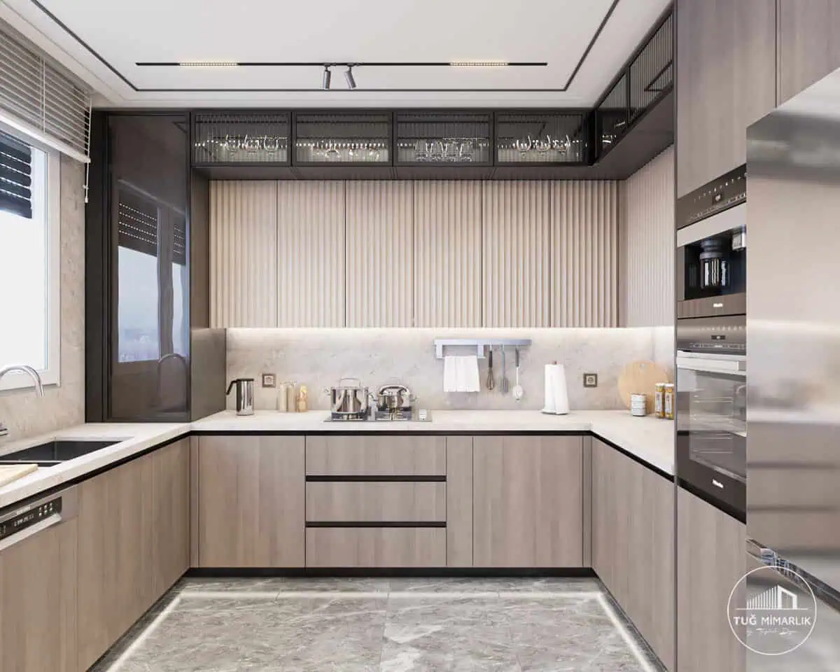 Porselen tezgahlı mutfak tasarımı - tuğ mimarlık Modern iç mimarlık mutfağı - Bağdat Caddesi projesi, Tuğ Mimarlık tasarımı