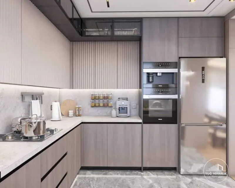 İstanbul mutfak iç mimari tasarımı – tuğ mimarlık Özel ölçüye göre tasarlanmış modern mutfak iç mimari projesi – Tuğ Mimarlık