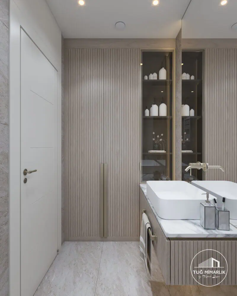 Mermer detaylara sahip zarif banyo tasarımı, kişiye özel iç mimari çözüm – Tuğ Mimarlık
