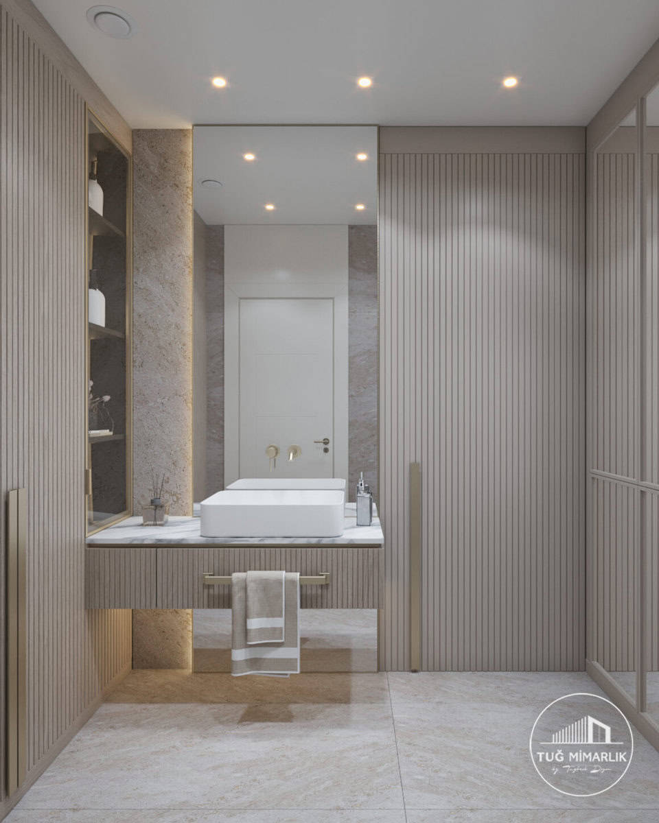 Gizli kapı detaylı lavabo alanı - tuğ mimarlık Modern ebeveyn banyosunda lavabo ünitesi ve gizli kapı detayı