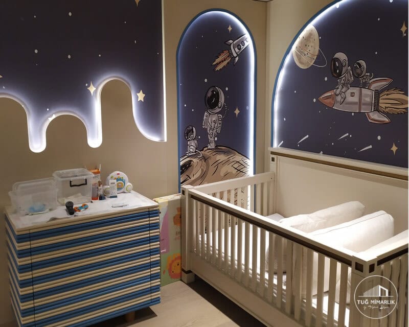 Bebek odası tasarımı – Çubuklu vadi evleri - tuğ mimarlık Tuğ Mimarlık tarafından tasarlanmış uzay temalı bebek odası – Beykoz, İstanbul