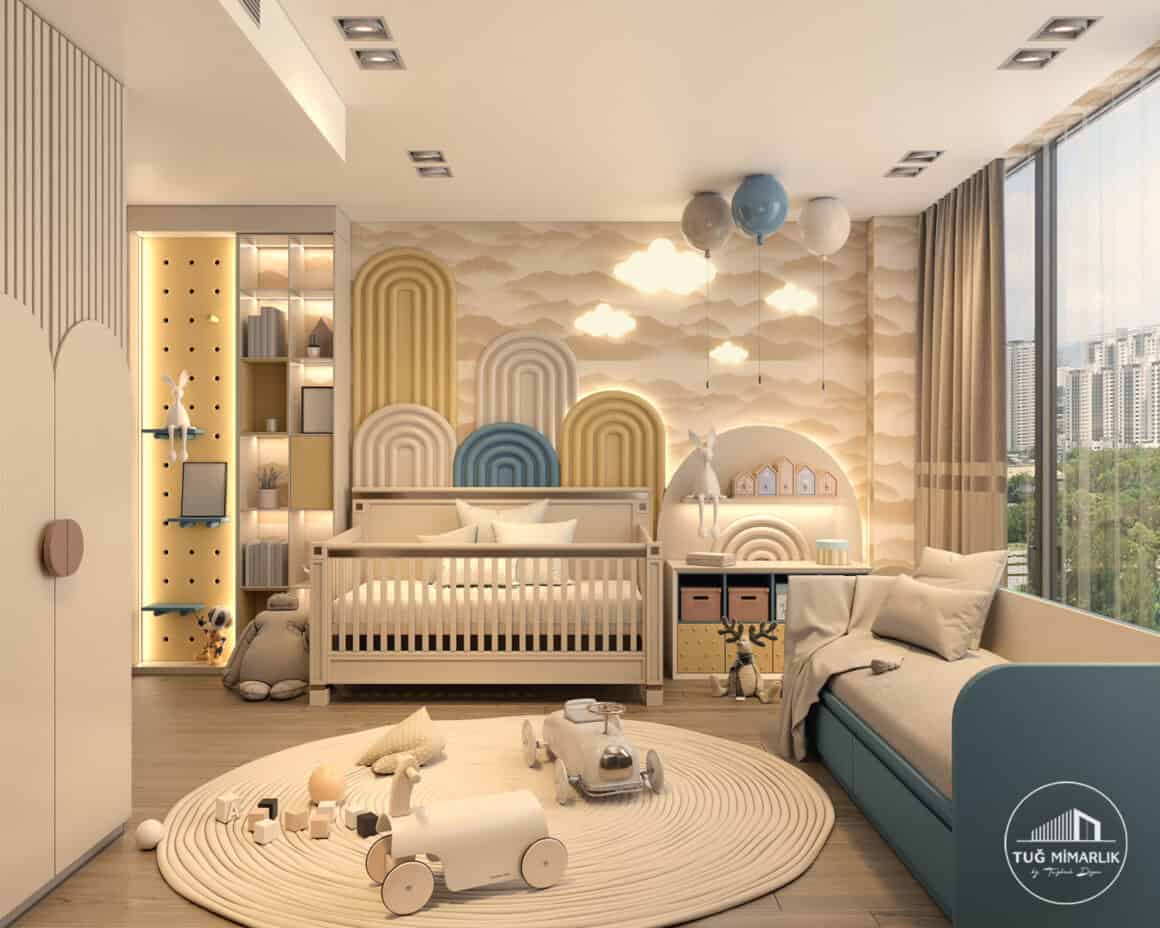 Çubuklu vadi evleri bebek odası genel görünüm - tuğ mimarlık Çubuklu Vadi Evleri modern bebek odası genel görünüm, pastel tonlarda çocuk odası