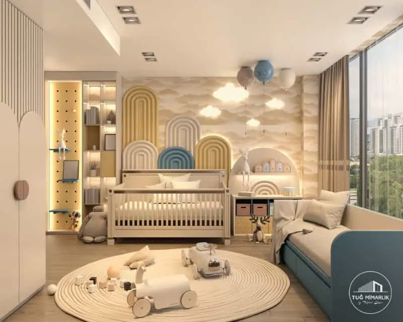 Sıcak tonlarda tasarlanmış bebek odası, konfor ve güvenliği bir araya getiren iç mimari proje – Tuğ Mimarlık