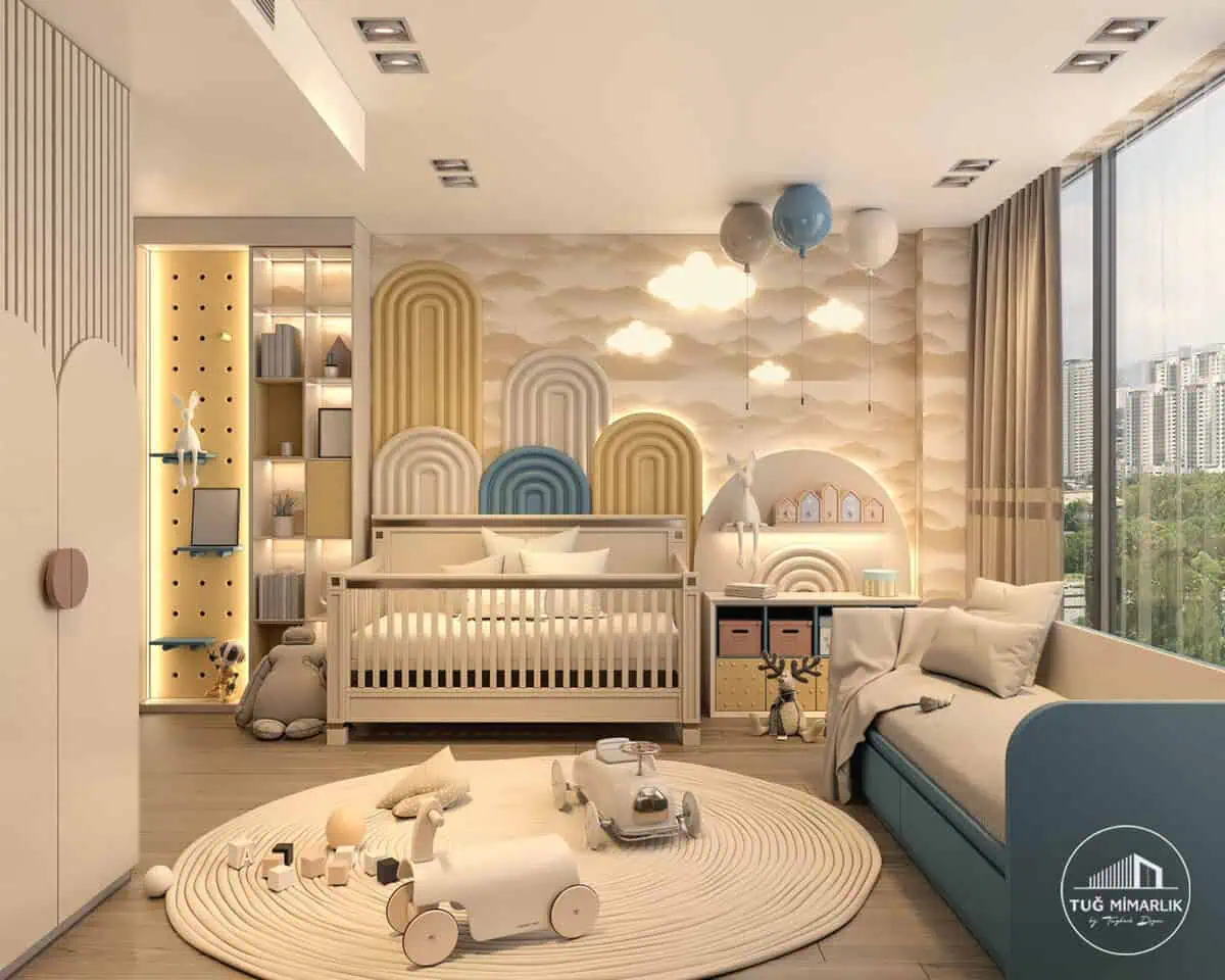Çubuklu Vadi Evleri modern bebek odası genel görünüm, pastel tonlarda çocuk odası