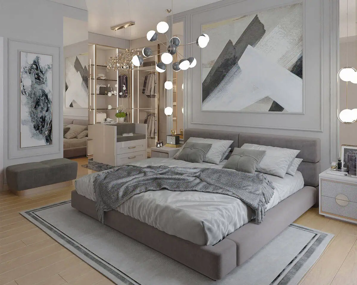 Giyinme alanı entegre edilmiş lüks yatak odası iç mimari tasarımı