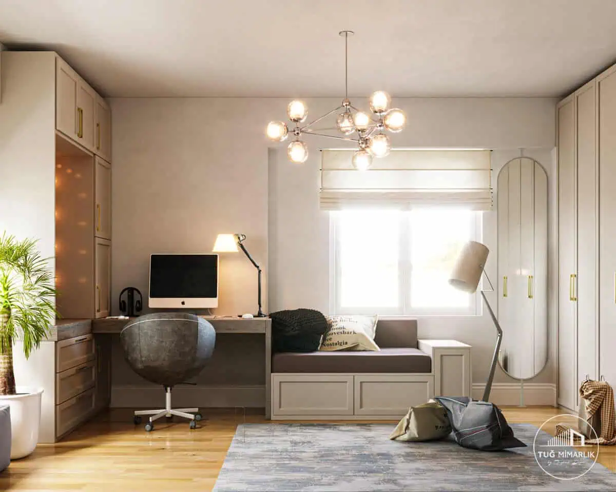 Ömerli park genç kız odası – ayna ve kitaplık detayı - tuğ mimarlık Ömerli Park Villaları genç kız odası ayna ve kitaplık tasarımı – Tuğ Mimarlık