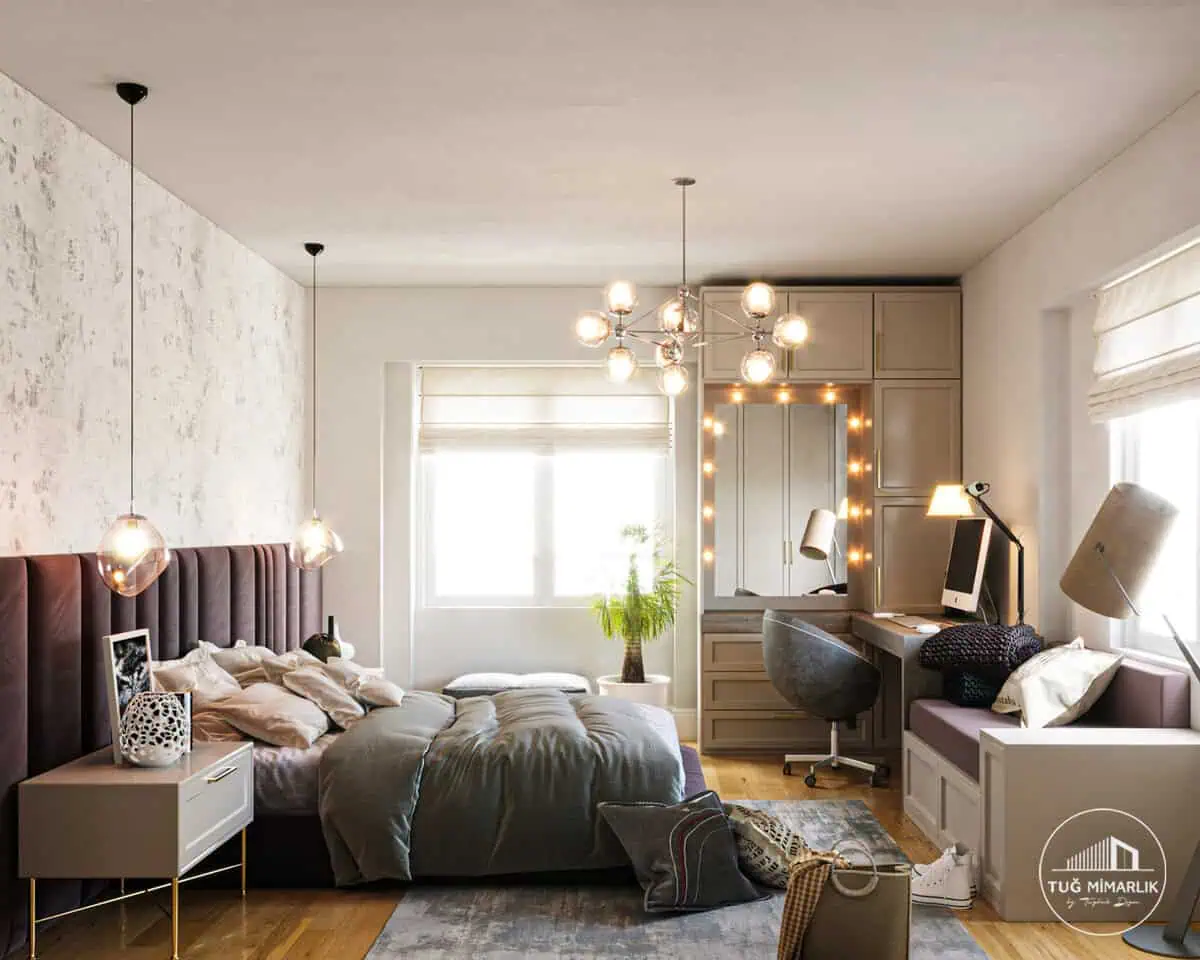 Ömerli park genç kız odası – yatak ve Çalışma alanı detayı - tuğ mimarlık Ömerli Park Villaları genç kız odası yatak ve çalışma alanı tasarımı – Tuğ Mimarlık