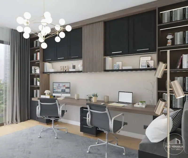 Konsantrasyonu artıran sade ve modern çalışma odası tasarımı, ev içi ofis alanı – Tuğ Mimarlık