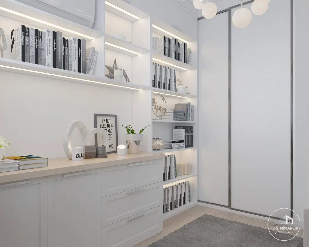 Baytur sitesi Çalışma odası kütüphane ve dolaplar - tuğ mimarlık Baytur Sitesi çalışma odasında beyaz kütüphane, dolaplar ve sürgü kapı detayı