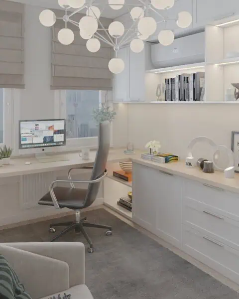 Baytur sitesi Çalışma odası genel görünüm - tuğ mimarlık Baytur Sitesi çalışma odası tasarımında pencere önü çalışma masası ve kütüphane genel görünümü