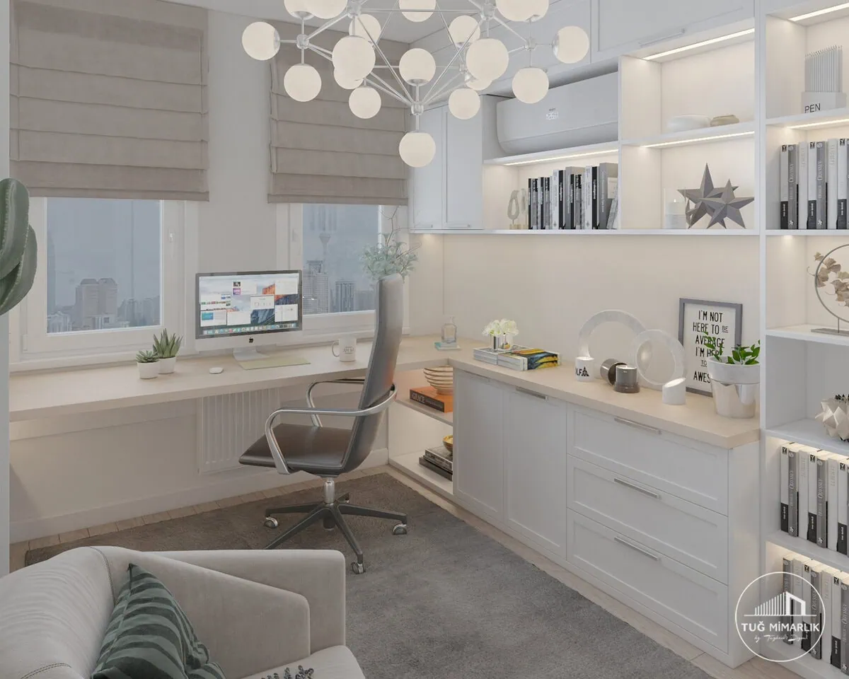 Baytur sitesi Çalışma odası genel görünüm - tuğ mimarlık Baytur Sitesi çalışma odası tasarımında pencere önü çalışma masası ve kütüphane genel görünümü