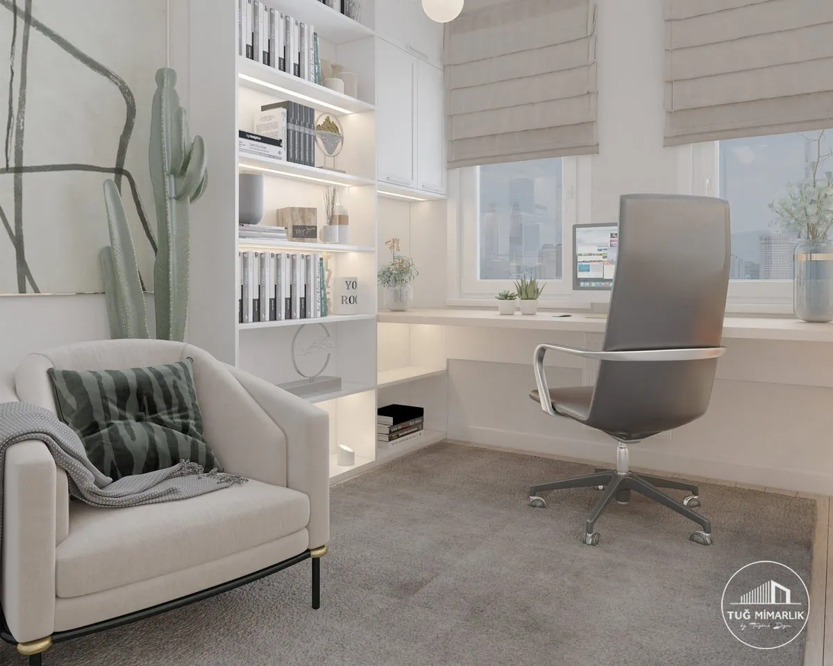 Baytur sitesi Çalışma odası masif kütüphane detayı - tuğ mimarlık Baytur Sitesi çalışma odasında kütüphane ve oturma alanı detayı