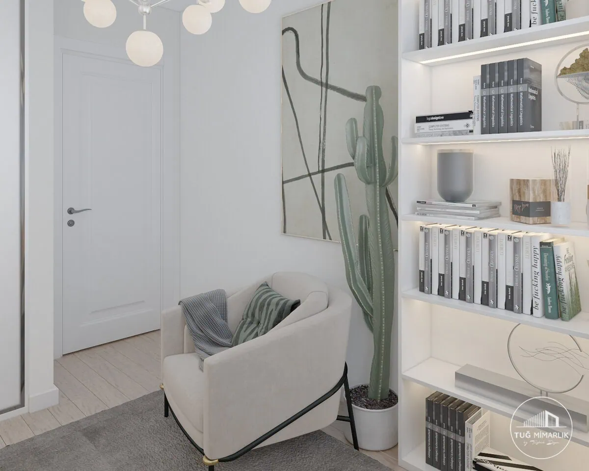 Baytur sitesi Çalışma odası okuma köşesi - tuğ mimarlık Baytur Sitesi çalışma odasında berjer, kaktüs bitkisi ve kitaplık detayı