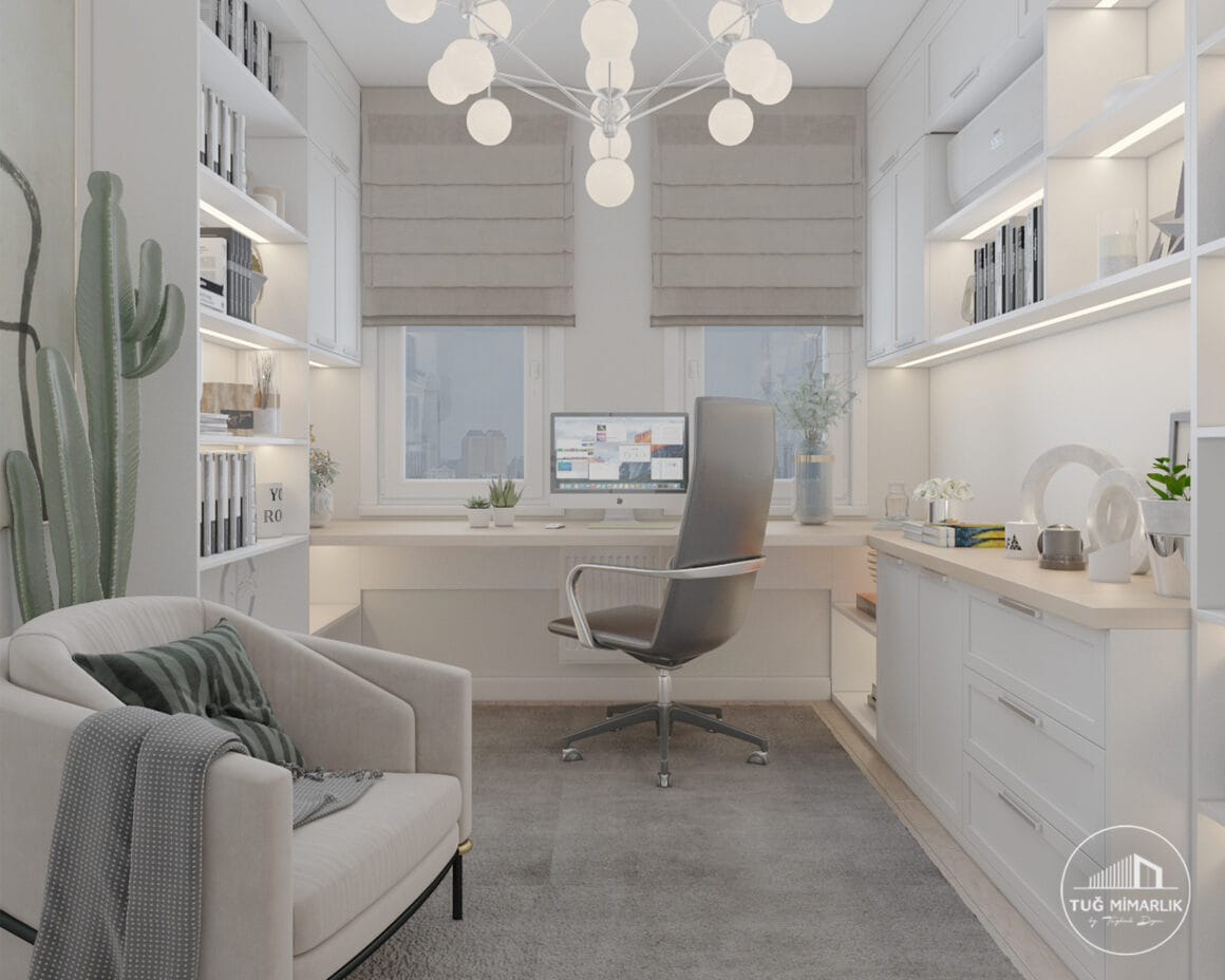 Baytur sitesi Çalışma odası pencere Önü Çalışma masası - tuğ mimarlık Baytur Sitesi çalışma odasında pencere önü çalışma masası ve ofis koltuğu