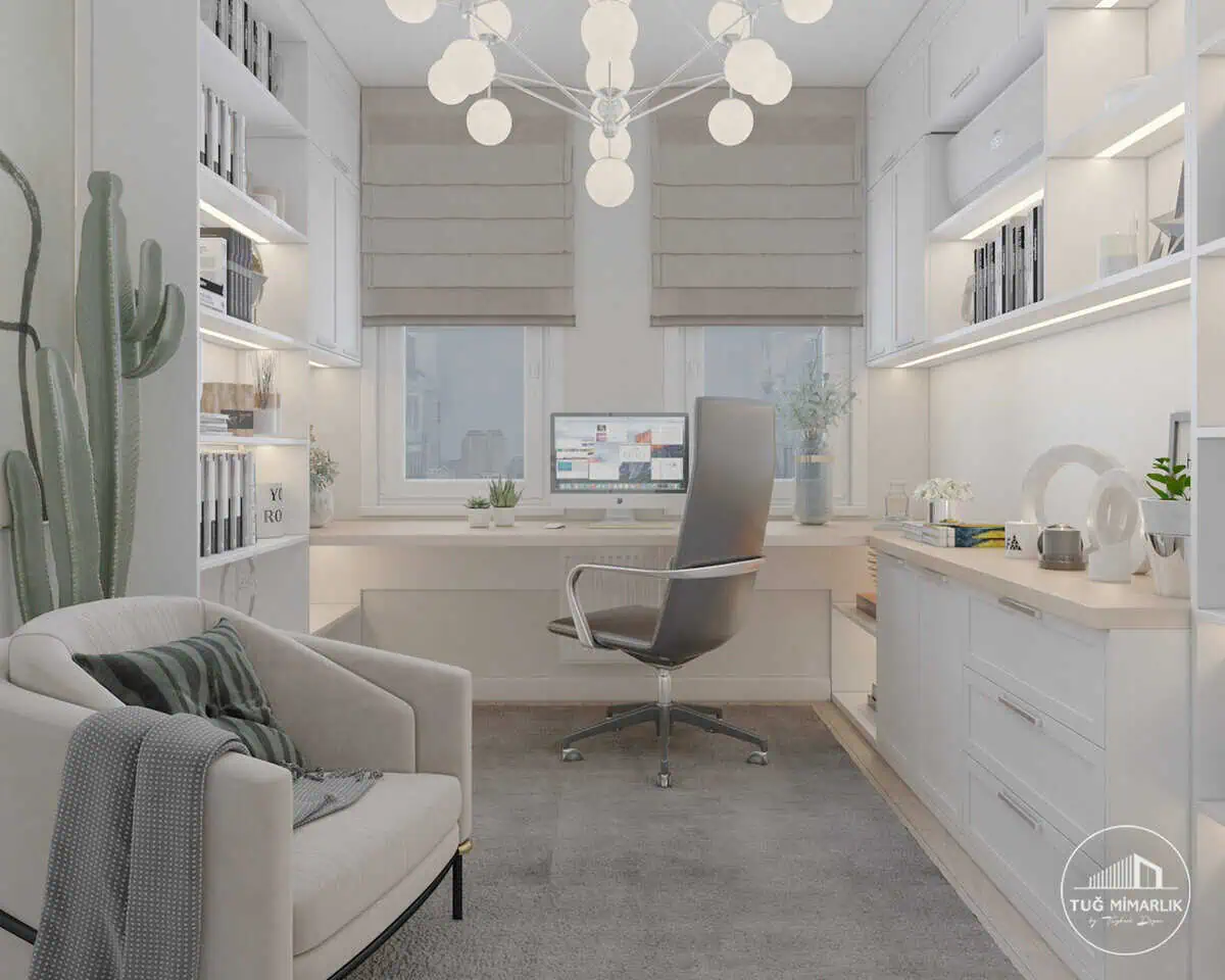 Baytur Sitesi çalışma odasında pencere önü çalışma masası ve ofis koltuğu