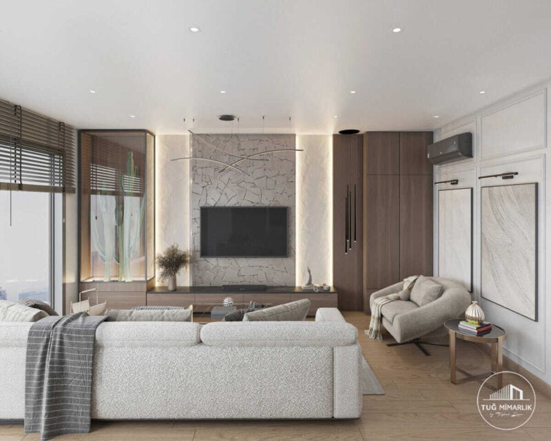 Dekar kıyıbahçe salon – tv duvarı ve doğal taş - tuğ mimarlık Dekar Kıyıbahçe salon tasarımı, doğal taş TV duvarı ve meşe paneller
