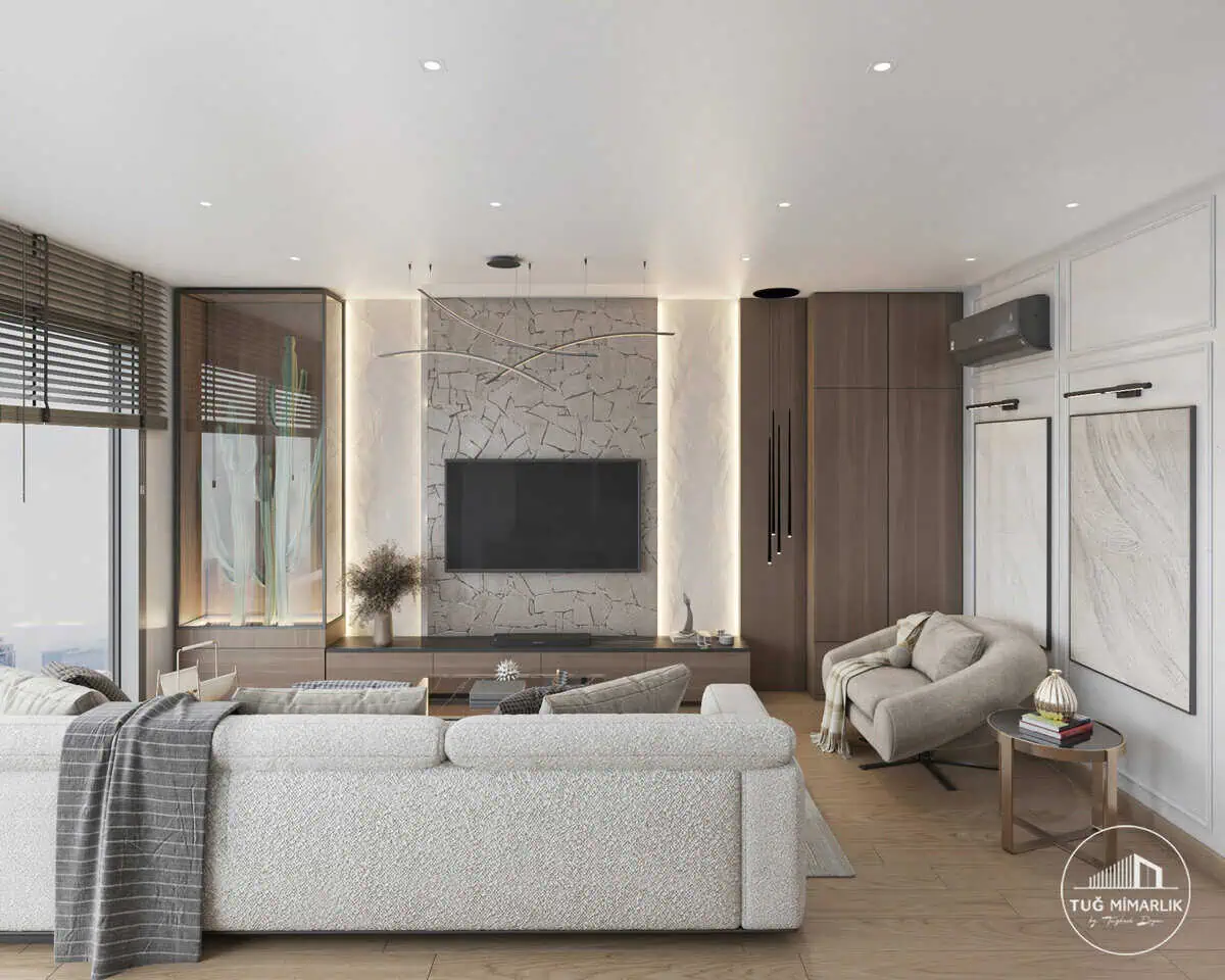 Dekar Kıyıbahçe salon tasarımı, doğal taş TV duvarı ve meşe paneller