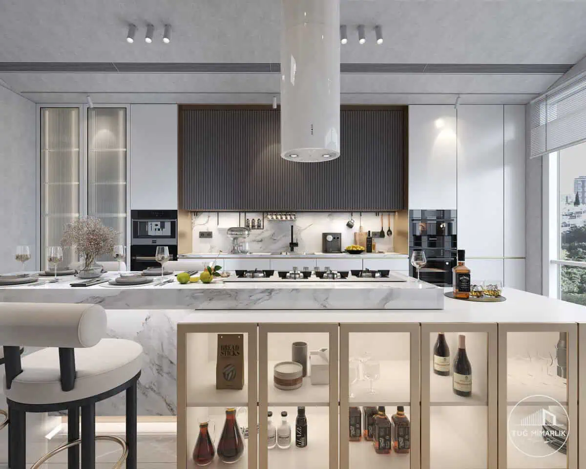 Mermer ada ve camlı vitrin cephesi – düşler vadisi riva - tuğ mimarlık Düşler Vadisi Riva mutfak mermer ada ve camlı vitrin cephesi