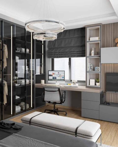 Nurol konakları genç odası – Çalışma masası ve cam gardırop - tuğ mimarlık Nurol Konakları genç odası çalışma masası ve cam kapaklı gardırop