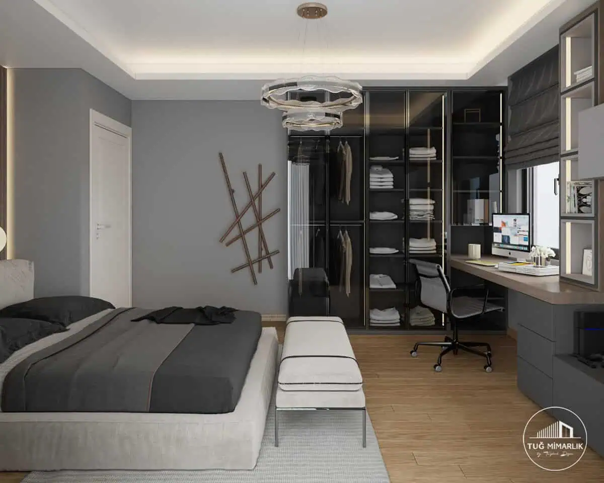 Nurol konakları genç odası – gardırop ve Çalışma alanı genel görünüm - tuğ mimarlık Nurol Konakları genç erkek odası gardırop ve çalışma alanı genel görünüm