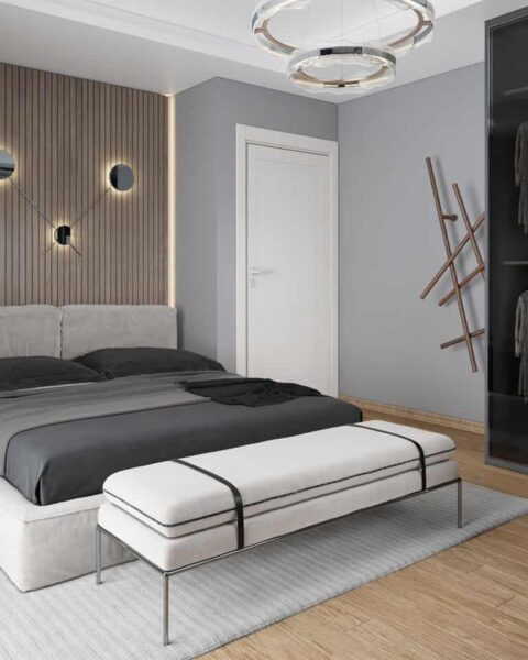 Nurol konakları genç odası – yatak ve ahşap panel başlık duvarı - tuğ mimarlık Nurol Konakları genç odası yatak ve ahşap panel başlık duvarı