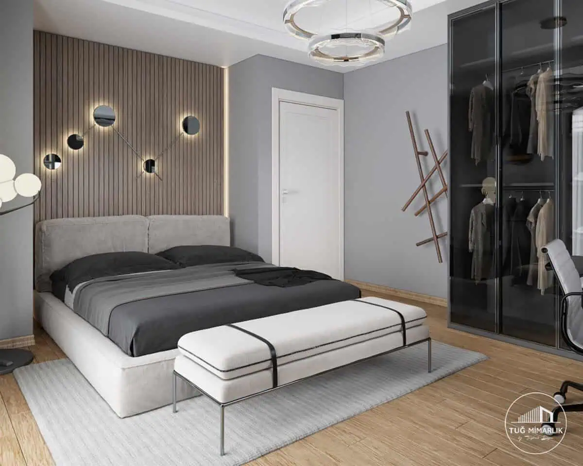 Nurol konakları genç odası – yatak ve ahşap panel başlık duvarı - tuğ mimarlık Nurol Konakları genç odası yatak ve ahşap panel başlık duvarı