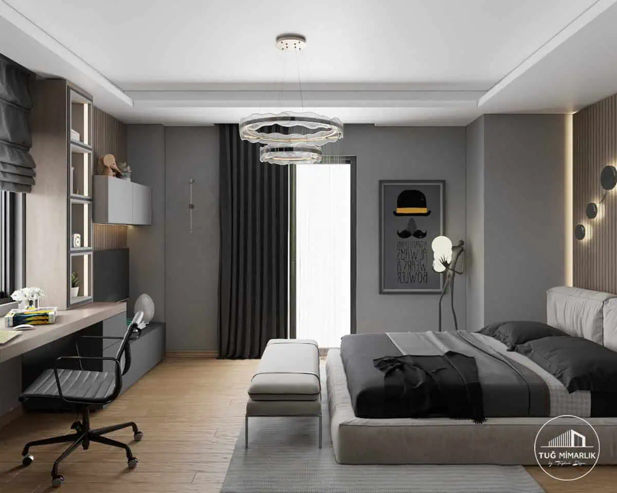 Nurol konakları genç odası – yatak ve Çalışma alanı - tuğ mimarlık Nurol Konakları genç erkek odası yatak ve çalışma alanı genel görünüm