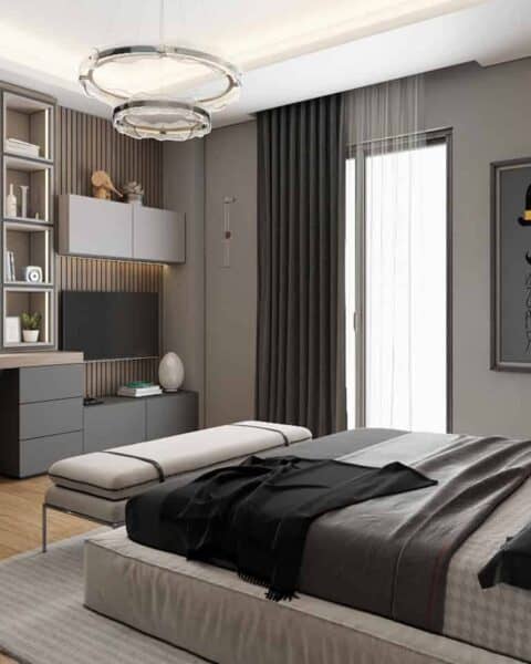 Nurol konakları genç odası – yatak ve oda genel kadrajı - tuğ mimarlık Nurol Konakları genç erkek odası yatak ve genel oda görünümü