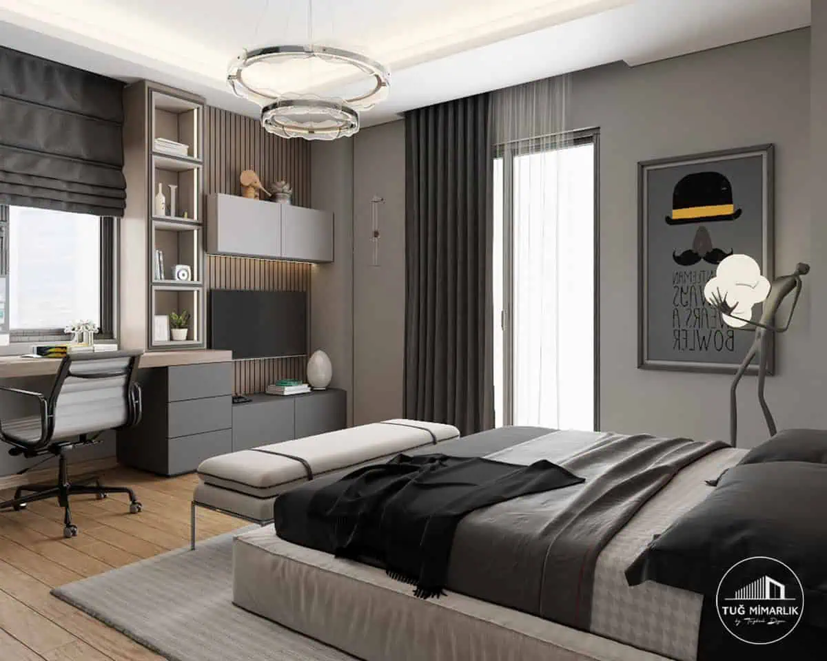 Nurol konakları genç odası – yatak ve oda genel kadrajı - tuğ mimarlık Nurol Konakları genç erkek odası yatak ve genel oda görünümü