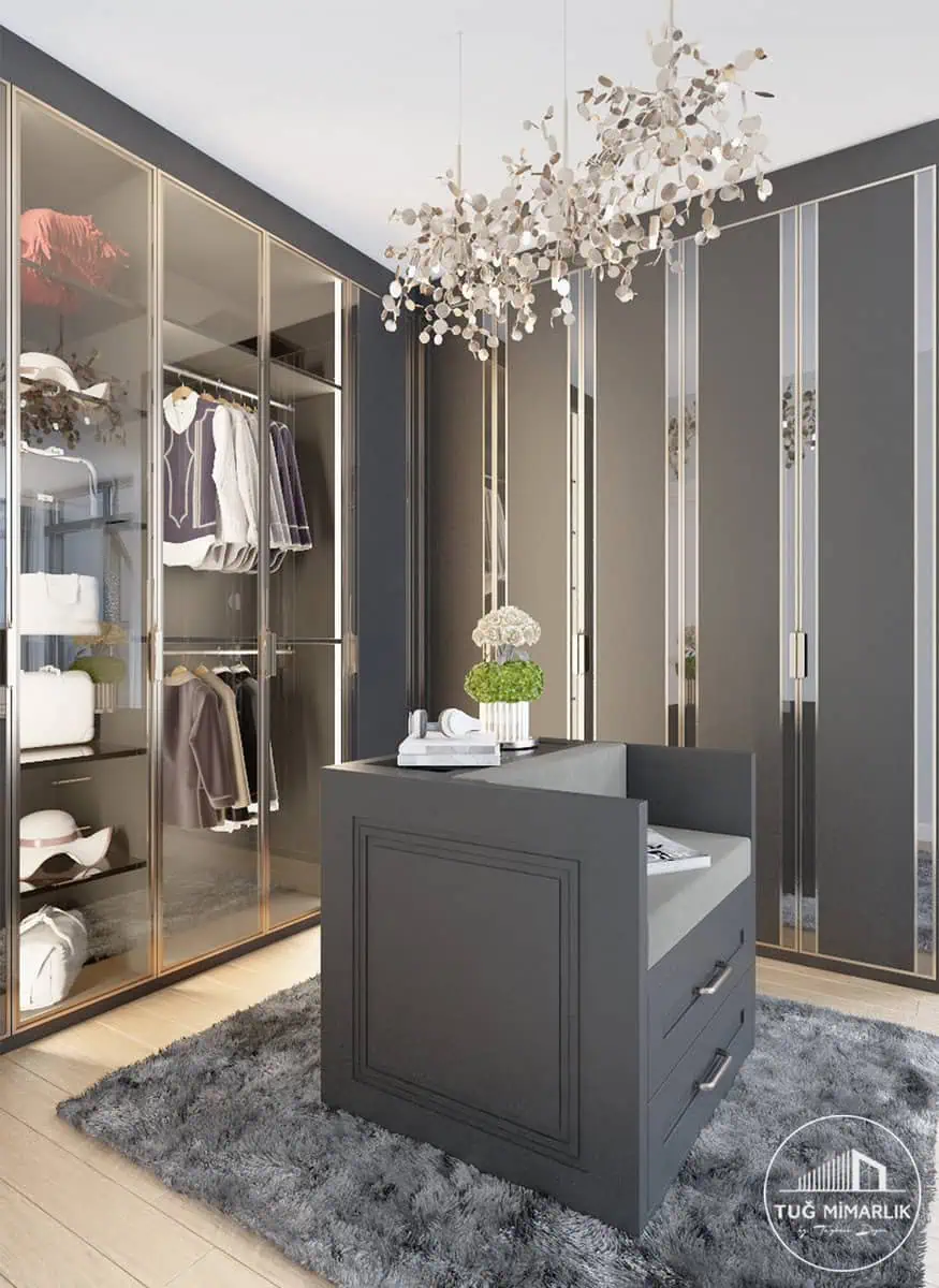 Vadistanbul Park giyinme odasında antrasit dolaplar ve puflu ada ünitesi