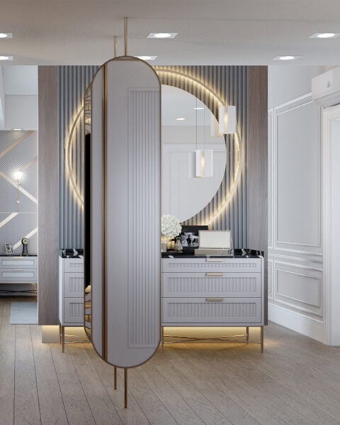 Giyinme odası genel perspektif - tuğ mimarlık Manzara Adalar Kartal 22m2 giyinme odası tasarımı genel görünüm, oval aynalar ve makyaj alanı